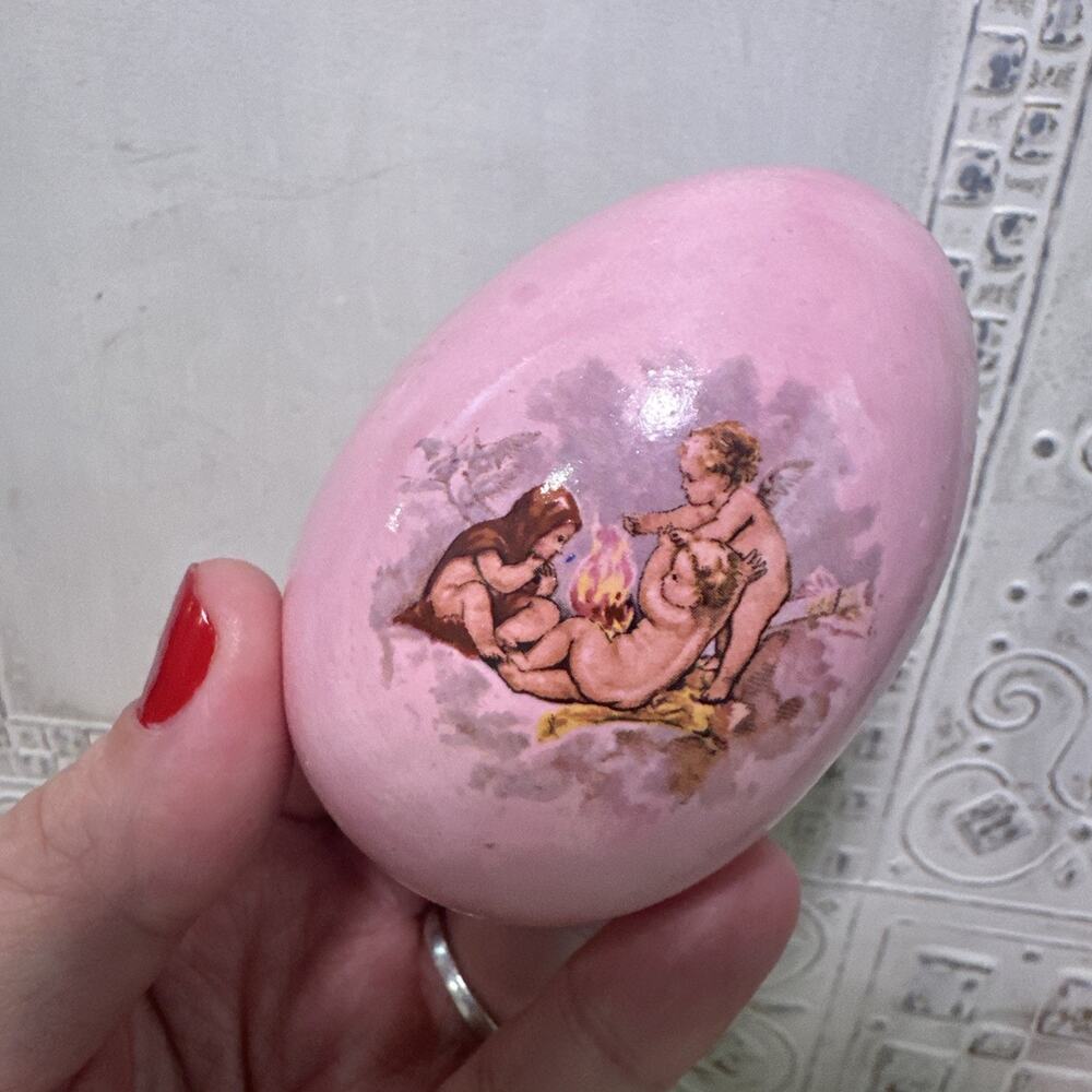 Vintage Pink Ceramic Handmade Egg Dated 1983 Cherub Art Style Design Easter Deco
